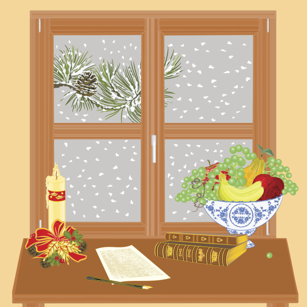 冬天的窗户用圣诞蜡烛和旧书向量图片下载