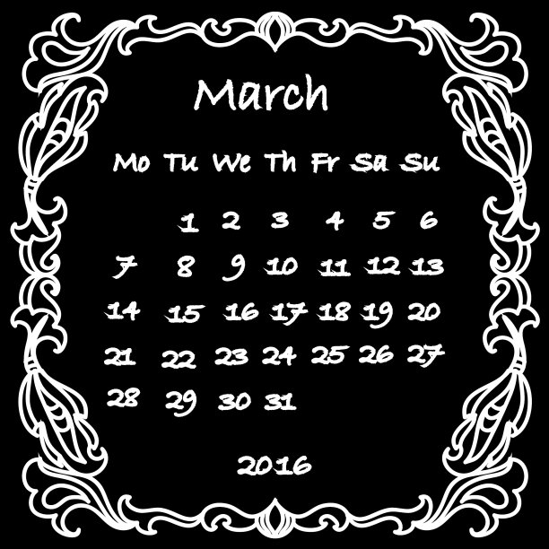 日历2016年3月粉笔黑板与装饰框架图片下载