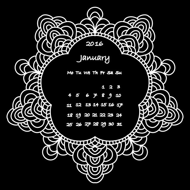 日历2016年1月粉笔黑板上的装饰框架图片下载