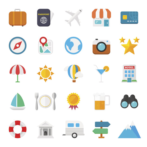 平面旅行图标矢量集合图片下载