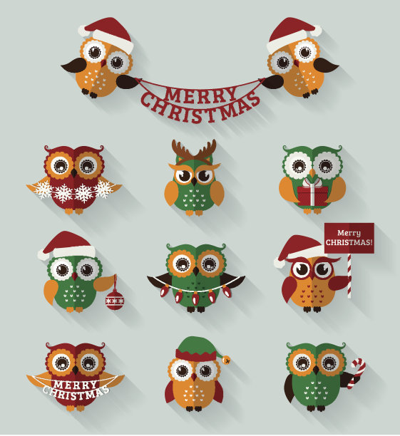 圣诞节的猫头鹰。平的图标。向量集。图片下载