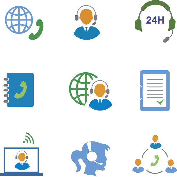 呼叫中心服务图标，包含联系方式和手机图片下载