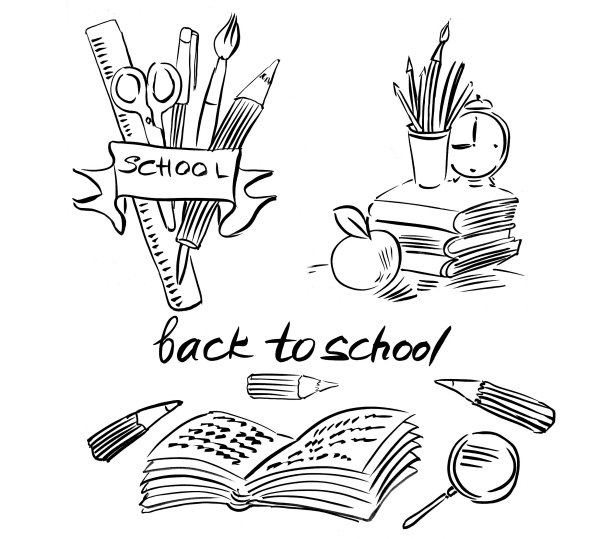 回到学校，黑白线画图片下载