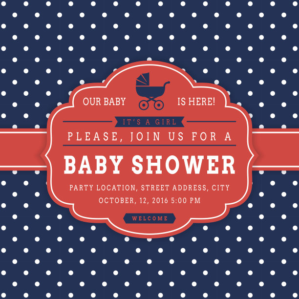 女孩婴儿淋浴。向量的名片。图片下载