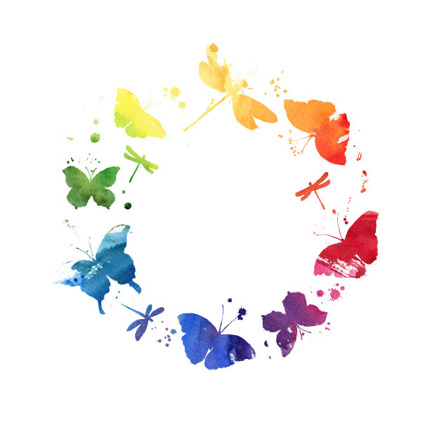 水彩蝴蝶和蜻蜓围成一圈图片下载