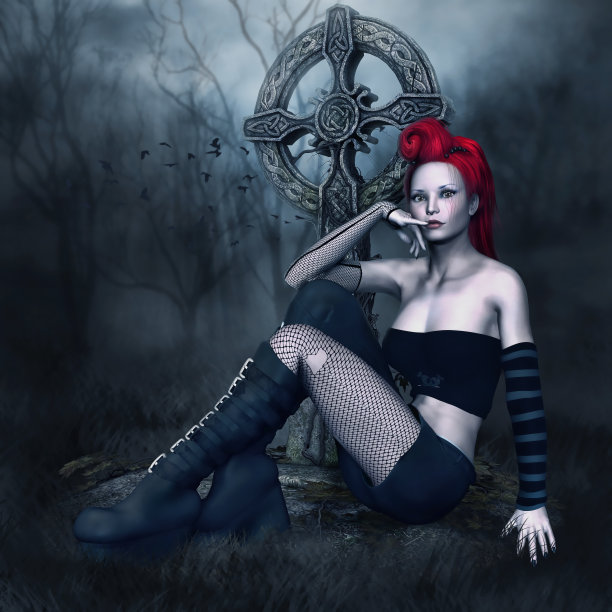 朋克女孩在墓地的十字架旁图片下载