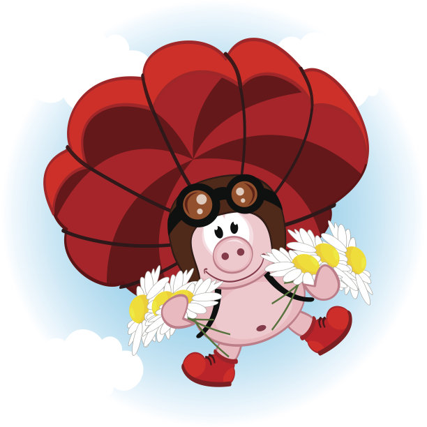 戴着雏菊的降落伞上的猪图片下载