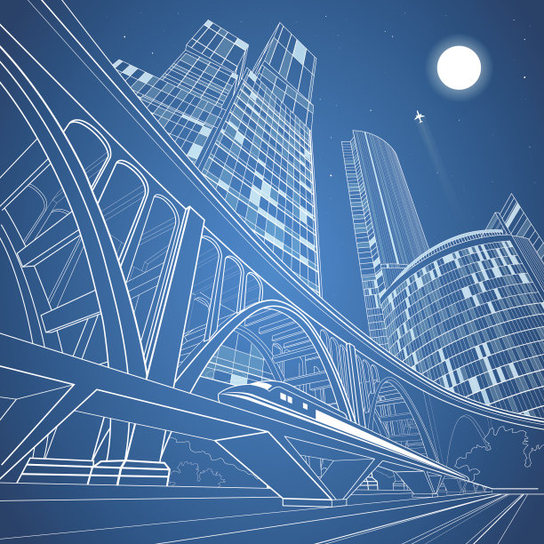 火车在路上行驶，夜幕下的城市，背景是桥梁图片下载