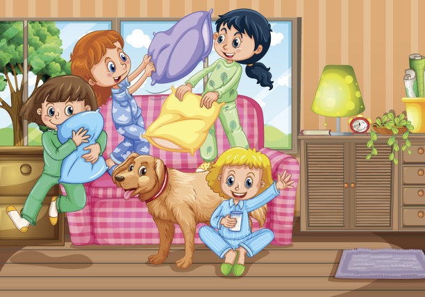 女孩们在睡衣派对上玩枕头大战图片下载