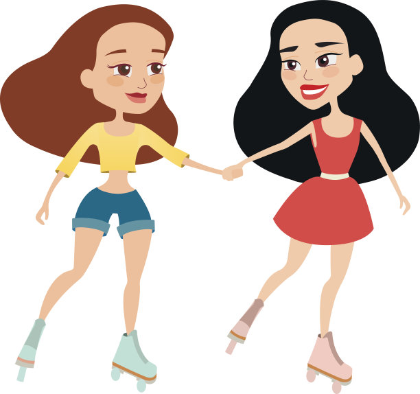 向量。两个可爱的女孩骑着溜冰鞋单独在白色。图片下载