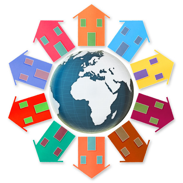地球村概念-地球周围的10座小房子图片下载