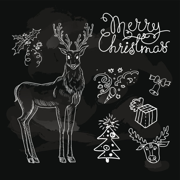 圣诞素描在黑色的黑板上图片下载