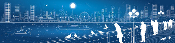 城市生活令人惊叹的全景。城市的天际线。船只图片下载