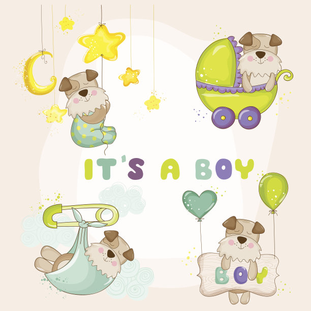婴儿狗设置婴儿送礼会或婴儿抵达卡图片下载