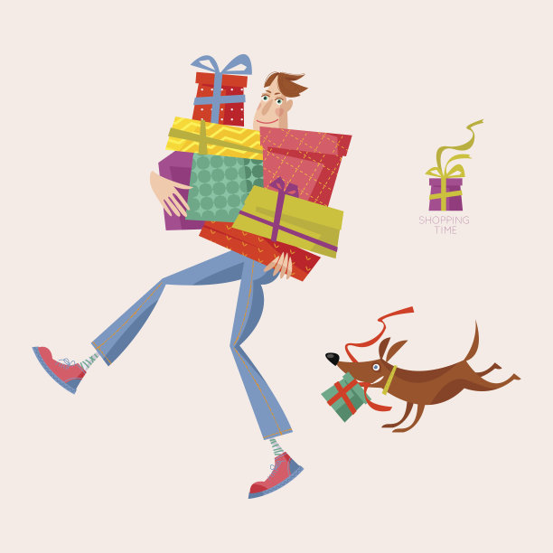 购物时间。拿着一堆礼品盒的男人。图片下载