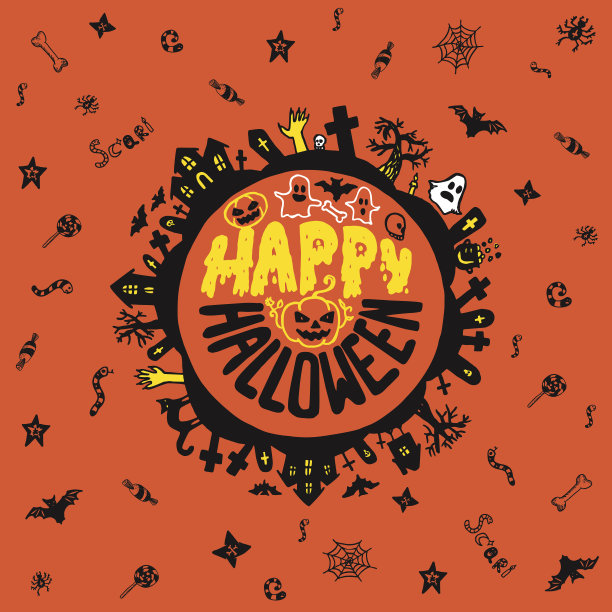 万圣节卡片与手绘字母和墓地景观图片下载