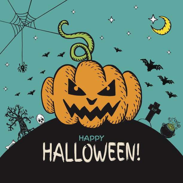 万圣节卡片与手绘南瓜和墓地景观图片下载