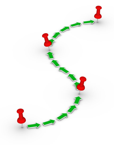 一个带有红色大头针和绿色箭头的点对点路线图片下载