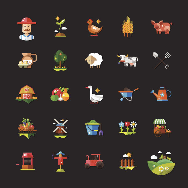 一套农场和农业平面设计图标图片下载