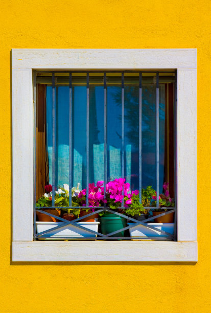 窗下五彩缤纷的鲜花，意大利图片下载