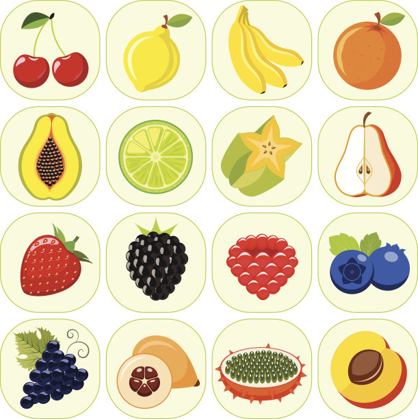 一组不同种类的水果图标。图片下载
