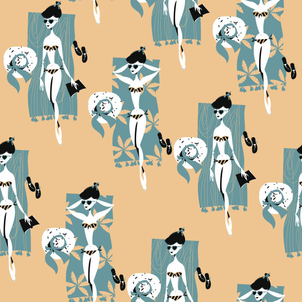 女孩们在海滩上晒日光浴。复古的风格。无缝的背景图案。图片下载