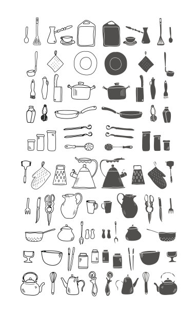 厨房用具。涂鸦设置矢量孤立在白色背景。图片下载