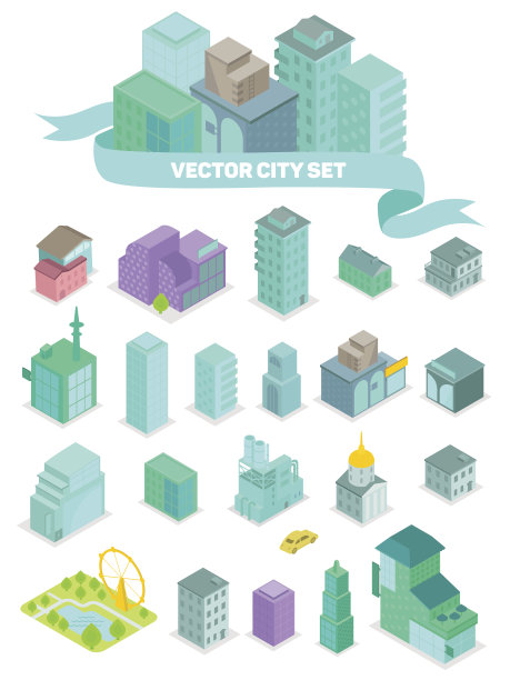 设置了等距的城市建筑、商铺、公园、商业中心图片下载