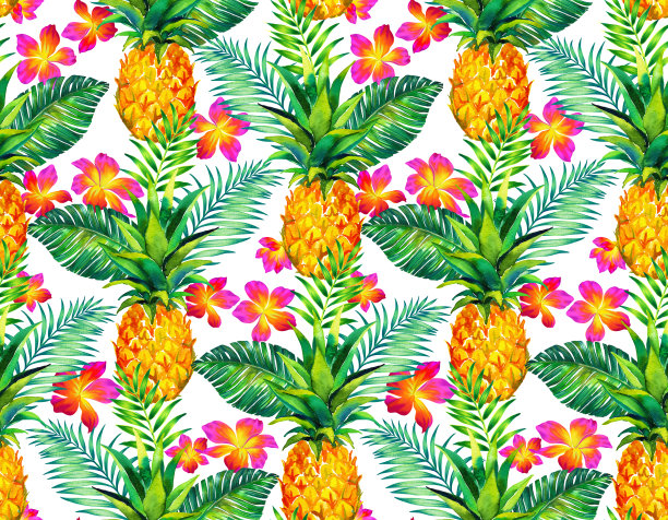 无缝热带花卉图案与菠萝。图片下载