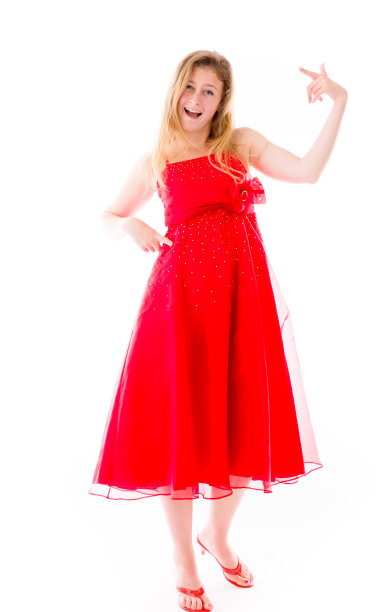 模型孤立在平坦的背景指向她自己图片下载