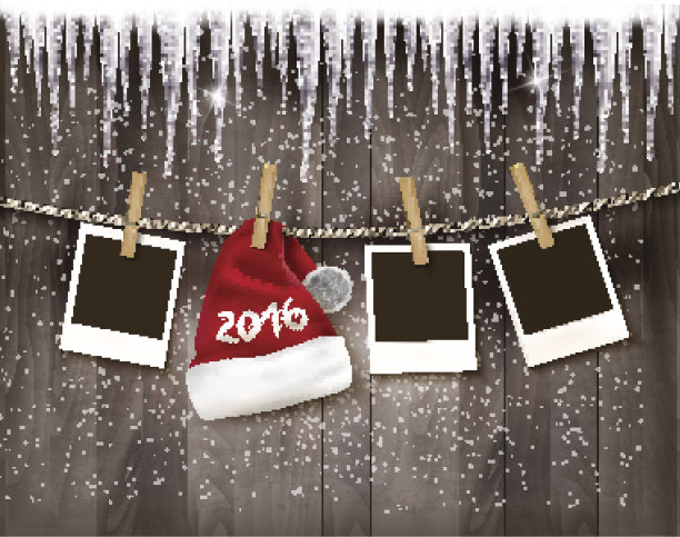 假日背景照片和圣诞老人帽子。向量。图片下载