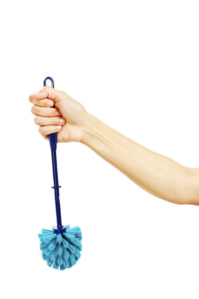 女人手里拿着蓝色的塑料马桶刷图片下载