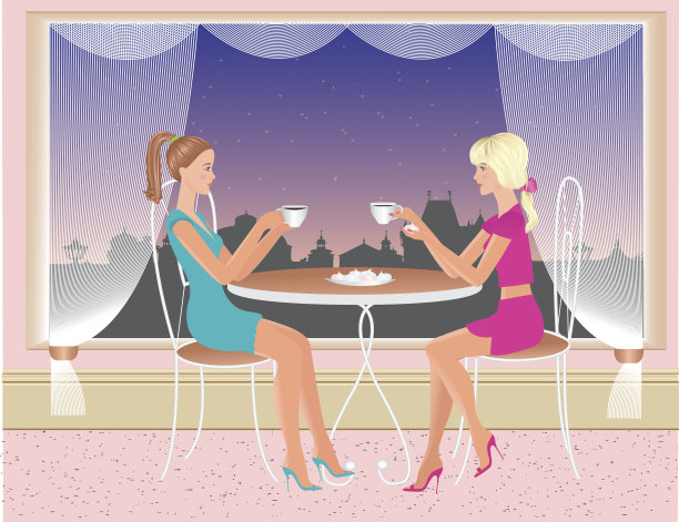 女孩们坐在咖啡馆里喝茶图片下载