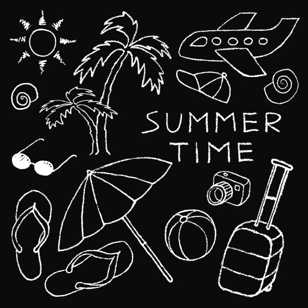 一套白色的夏季素描用铅笔手绘。图片下载