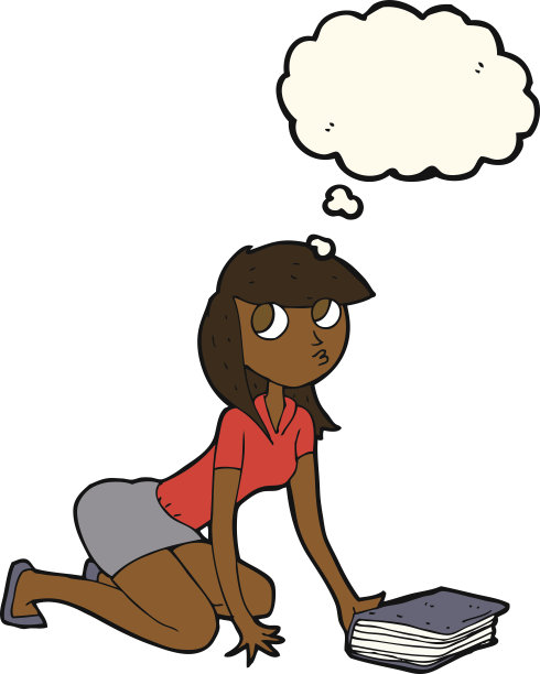 卡通女孩拿起书与思想泡沫图片下载