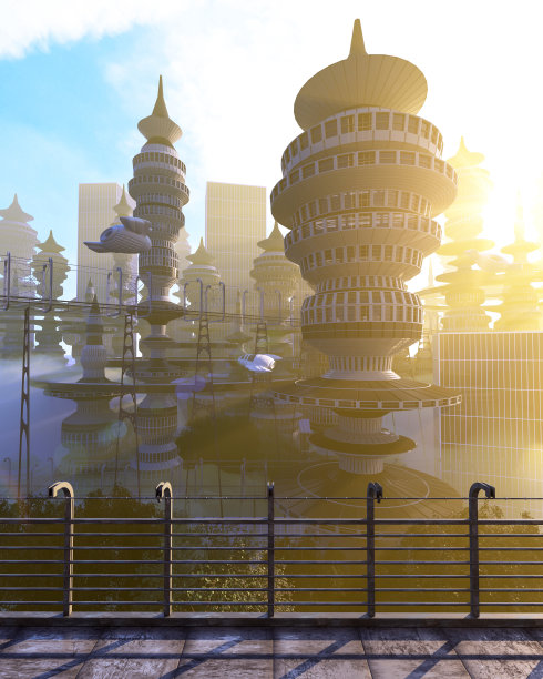 未来城市的鸟瞰图和飞行的宇宙飞船图片下载