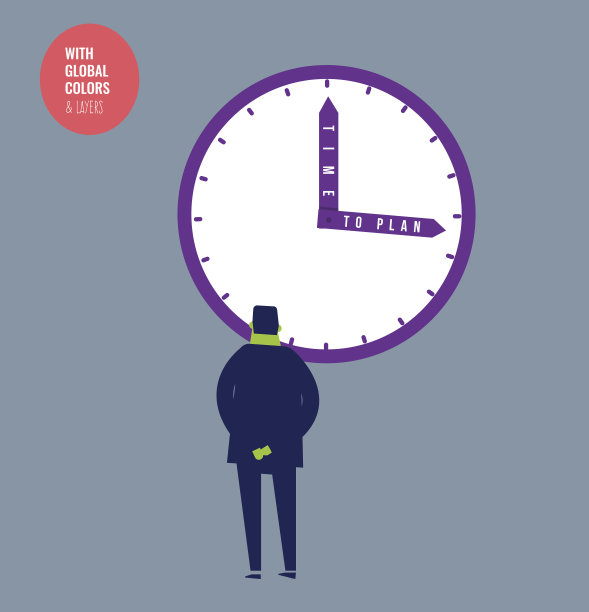 商人盯着挂钟，上面写着计划的时间。图片下载