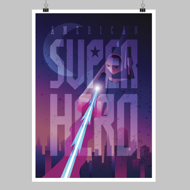 超级英雄。城市上空飞行。海报设计图片下载