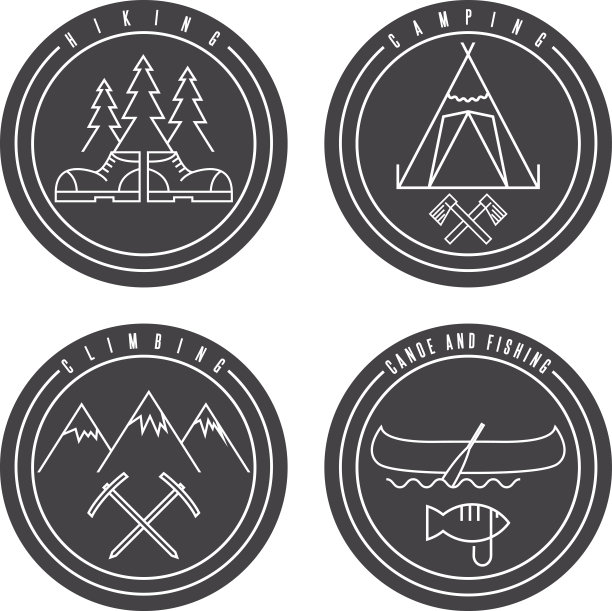 用独木舟、露营、登山和徒步旅行等方式绘制艺术标签图片下载