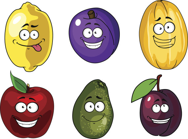 卡通的苹果，李子，甜瓜，柠檬和鳄梨水果的人物图片下载