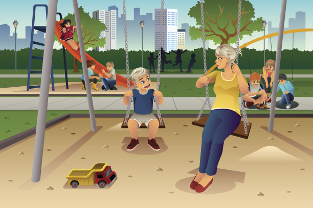 母亲和儿子在玩秋千图片下载