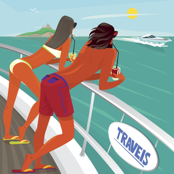 一对情侣在游艇甲板上喝鸡尾酒图片下载