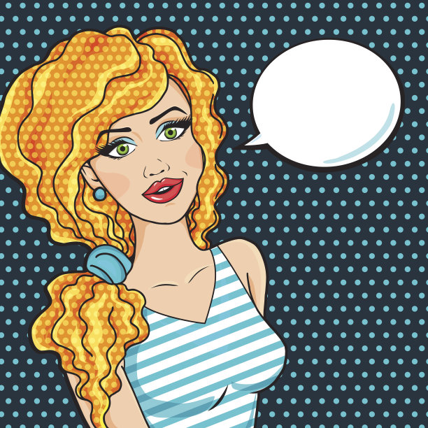 流行艺术漫画红发女人与思考云矢量插图图片下载