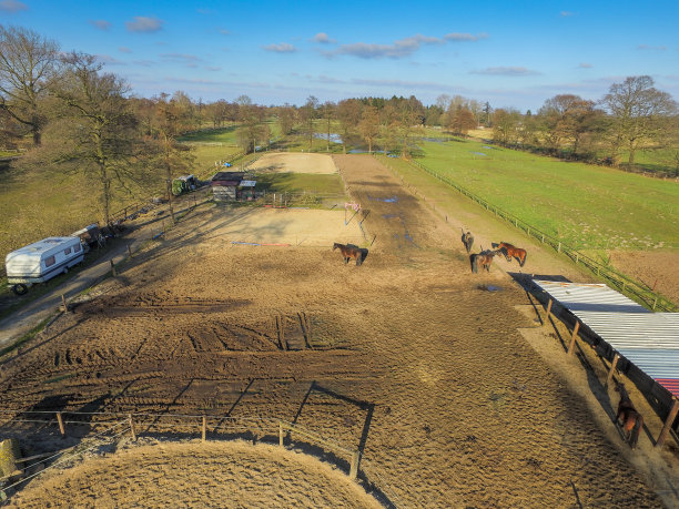 顶视图草地与马和马厩图片下载