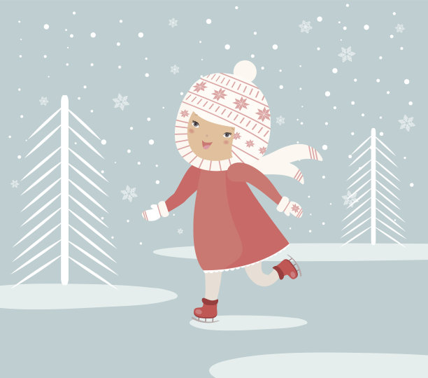 快乐的滑冰小女孩，季节插画图片下载