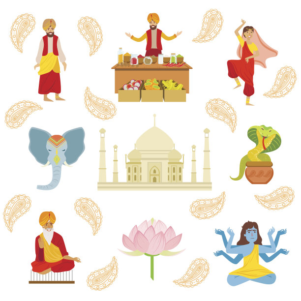 瑜伽，泰姬陵和其他印度文化符号绘画图片下载
