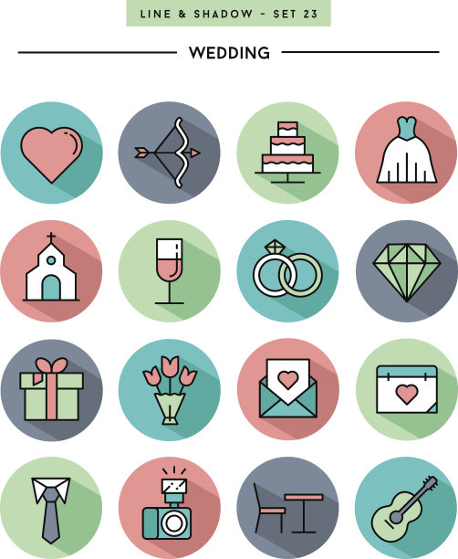 平面设计，长影子，细线婚礼图标图片下载