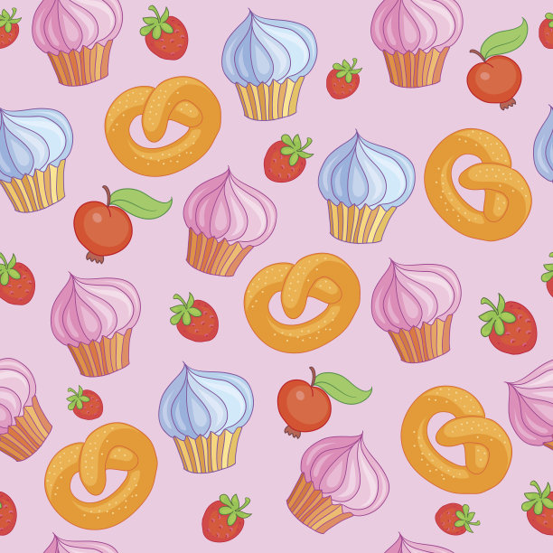 粉红色背景上的甜蜜图案蛋糕。无缝的。图片下载