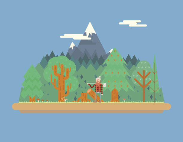 伐木工人在木材下的山概念性格平面设计景观图片下载