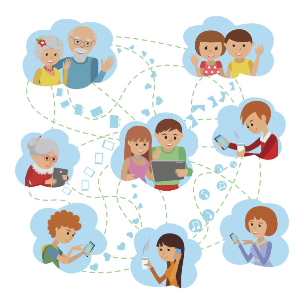 男女夫妇平板电脑他们的孩子、父母、祖父母和朋友。图片下载